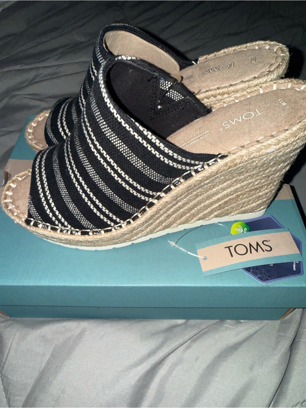 TOMS Black and White Striped Espadrille Wedge Mule